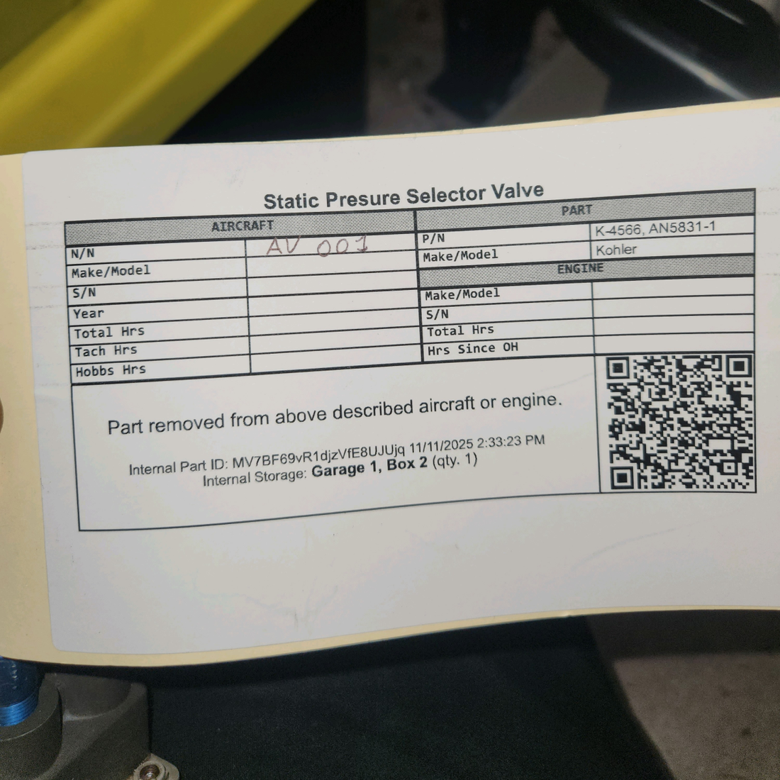 Used aircraft parts for sale, K-4566 Kohler Beechcraft F35 Static Presure Selector Valve