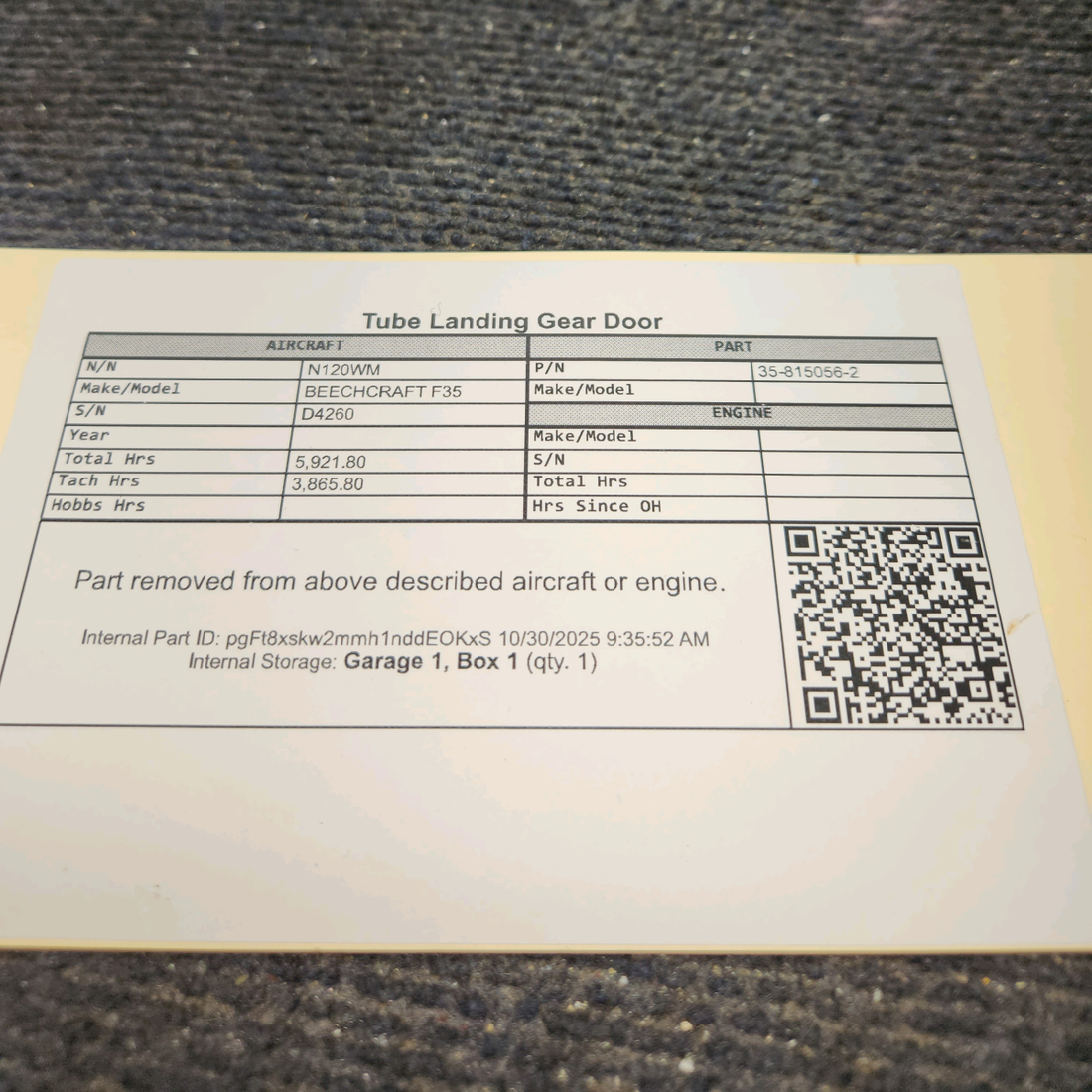 Used aircraft parts for sale, 35-815056-2 BEECHCRAFT F35 Tube Landing Gear Door