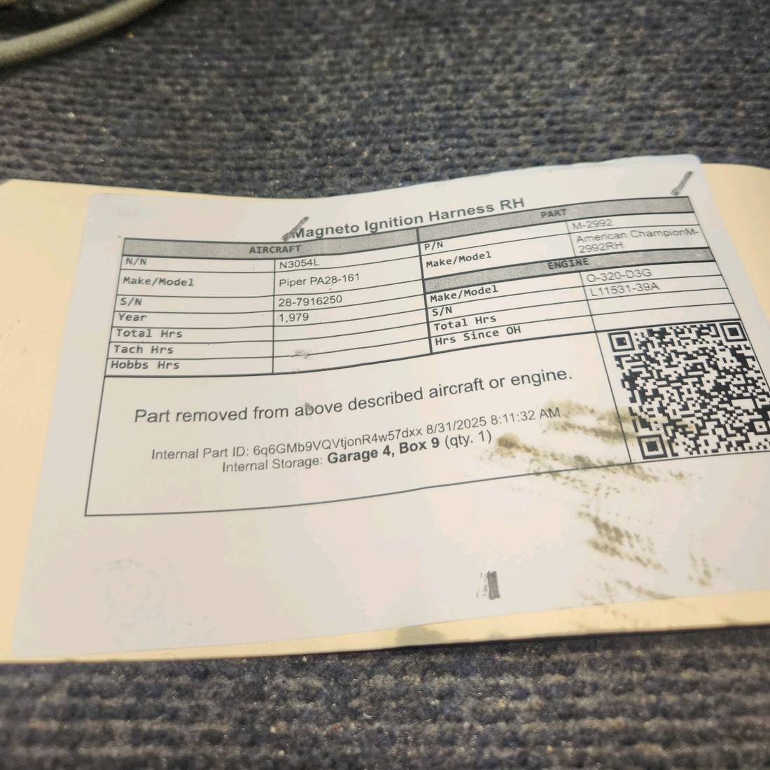 Used aircraft parts for sale, M-2992 American Champion M-2992RH Piper PA28-161 Magneto Ignition Harness - RH