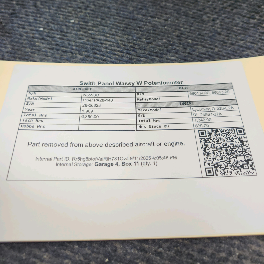 Used aircraft parts for sale, 66643-000 Piper PA28-140 Switch Panel Assembly w/ Potentiometer