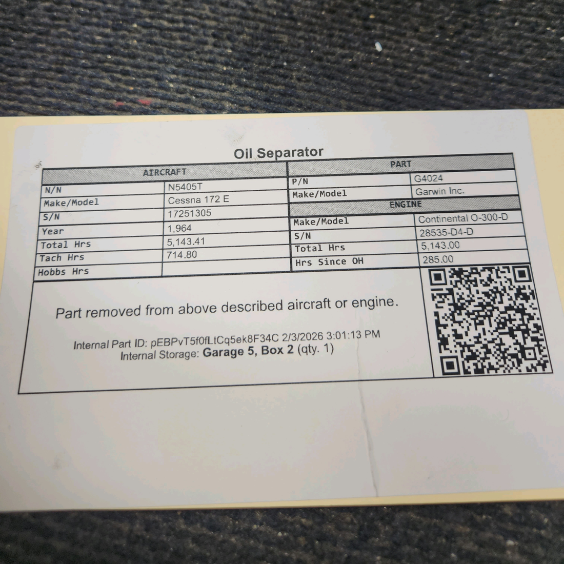 Used aircraft parts for sale, G4024 Garwin Inc. Cessna 172E Oil Separator