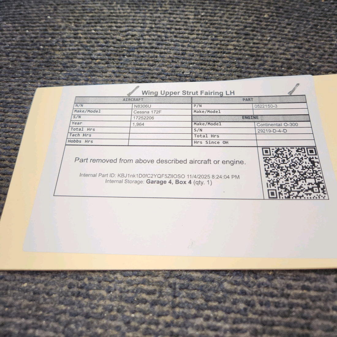 Used aircraft parts for sale, 0522150-3 Cessna 172F Wing Upper Strut Fairing - LH