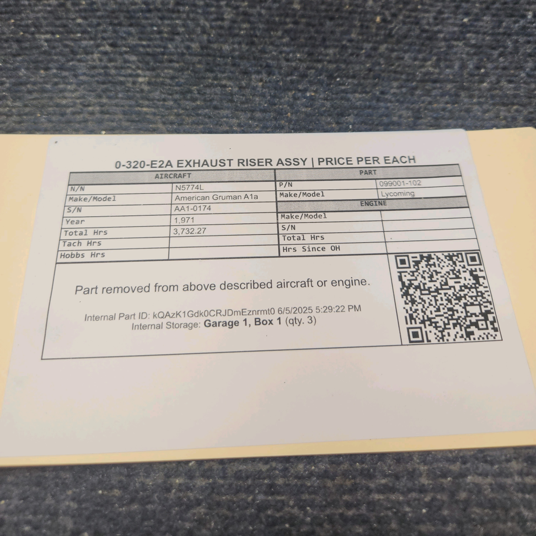 Used aircraft parts for sale, 099001-102 Lycoming 0-320-E2A American Gruman A1A Exhaust Riser PRICE PER EACH