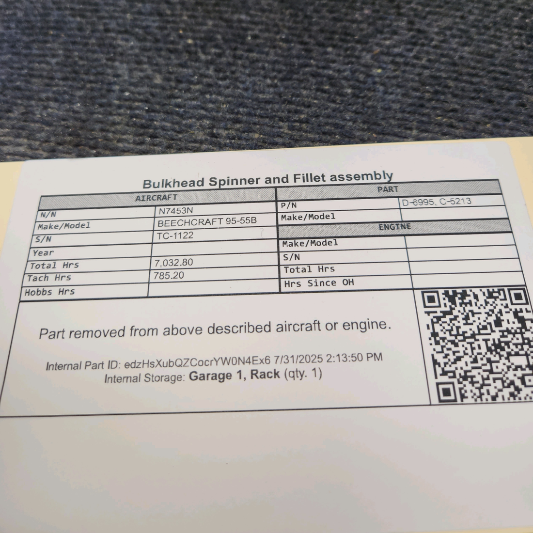 Used aircraft parts for sale, D‑6995 BEECHCRAFT 95-55B Spinner Bulkhead & Fillet Assembly