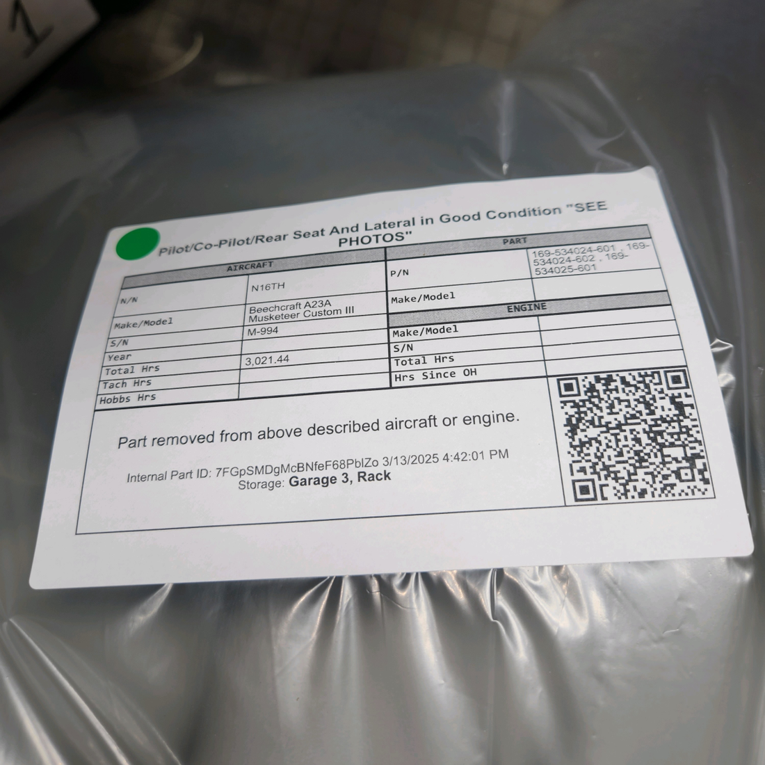 Used aircraft parts for sale, 169-534024-601 , 169-534024-602 , 169-534025-601 Beechcraft A23A Musketeer Custom III PILOT/CO-PILOT/REAR SEAT AND LATERAL IN GOOD CONDITION