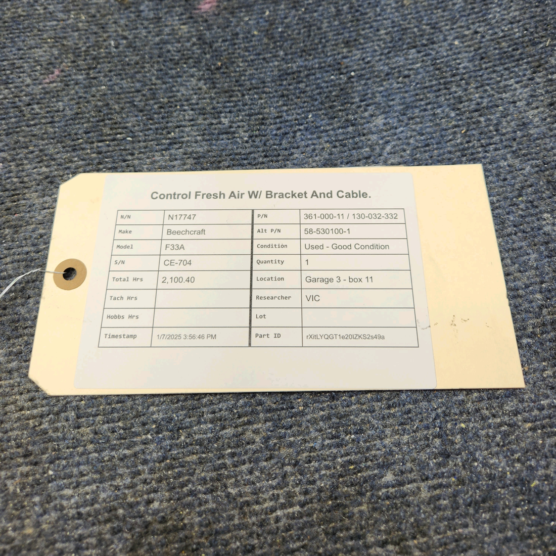 Used aircraft parts for sale, 361-000-11 / 130-032-332 Beechcraft F33A CONTROL FRESH AIR W/ BRACKET AND CABLE.