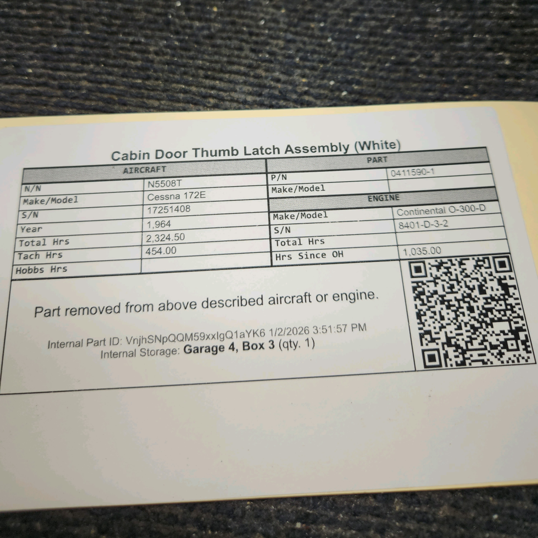 Used aircraft parts for sale, 0411590-1 Cessna 172E Cabin Door Thumb Latch Assembly (White)