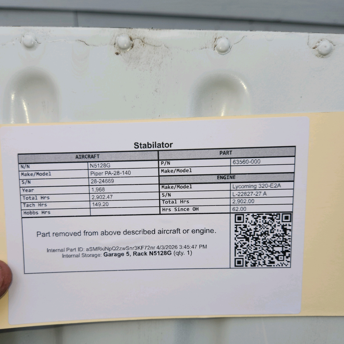 Used aircraft parts for sale, 63560-000 Piper PA-28-140 Stabilator