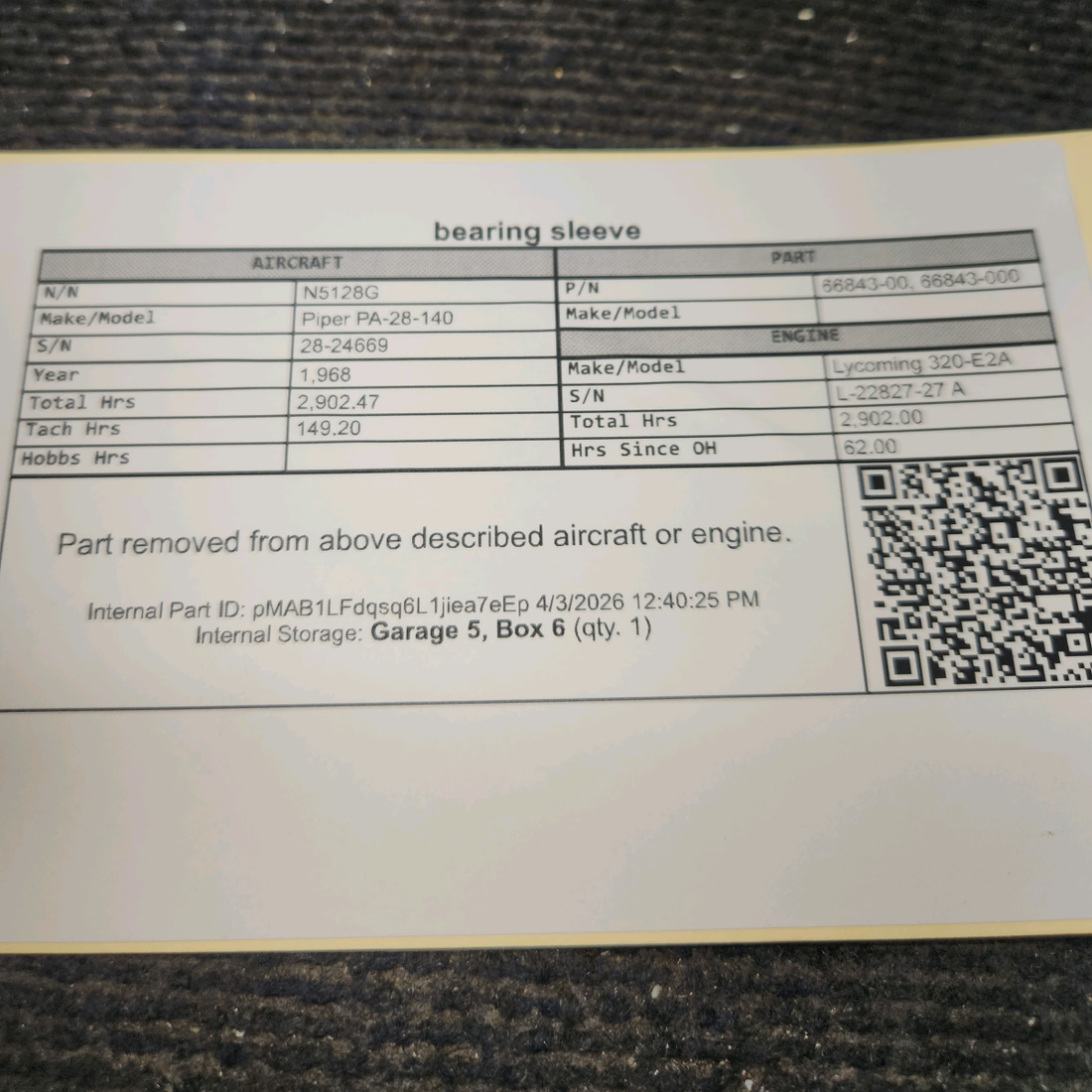 Used aircraft parts for sale, 66843-000 Piper PA-28-140 Bearing Sleeve