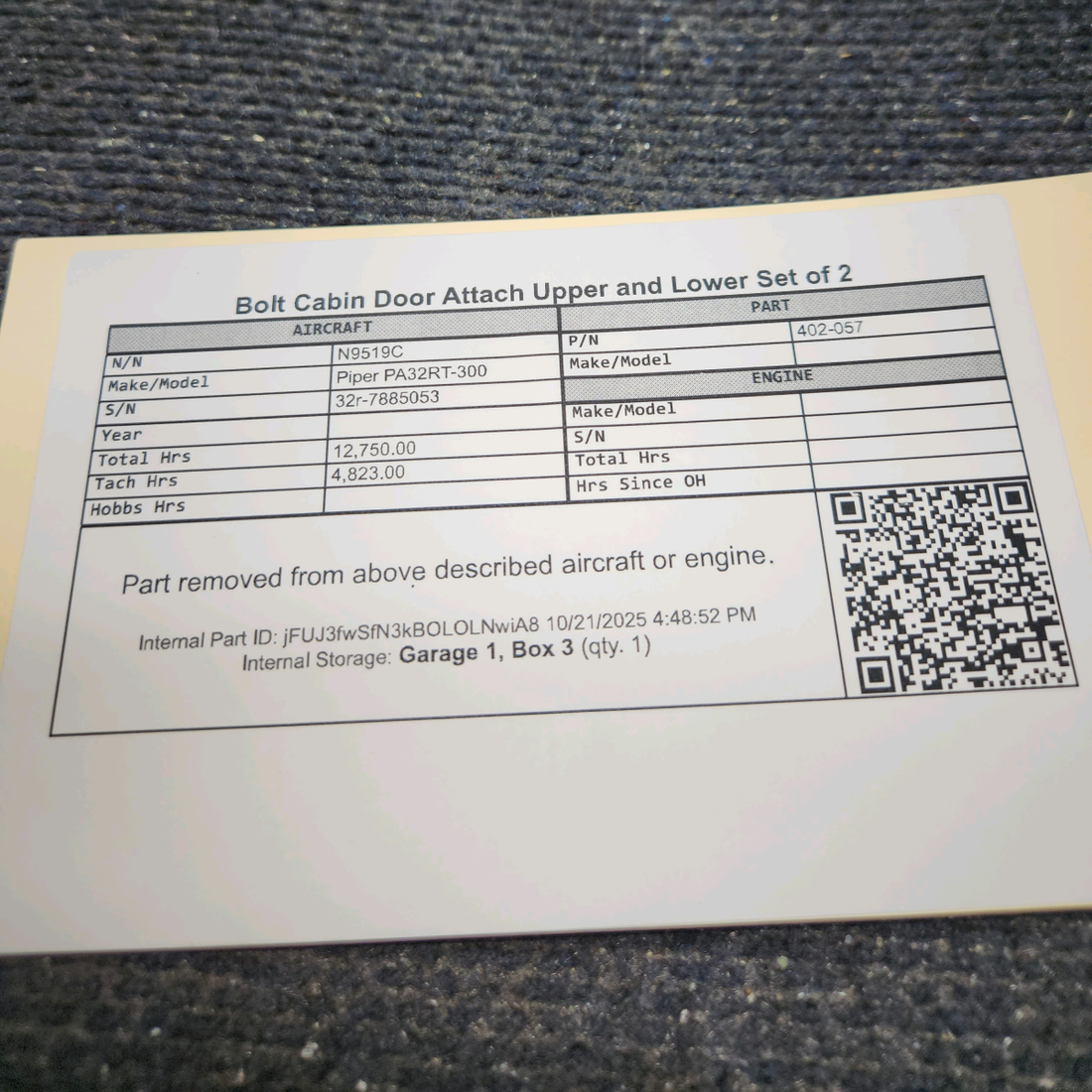 Used aircraft parts for sale, 402-057 Piper PA32RT-300 Cabin Door Attach Bolts – Upper and Lower, Set of 2