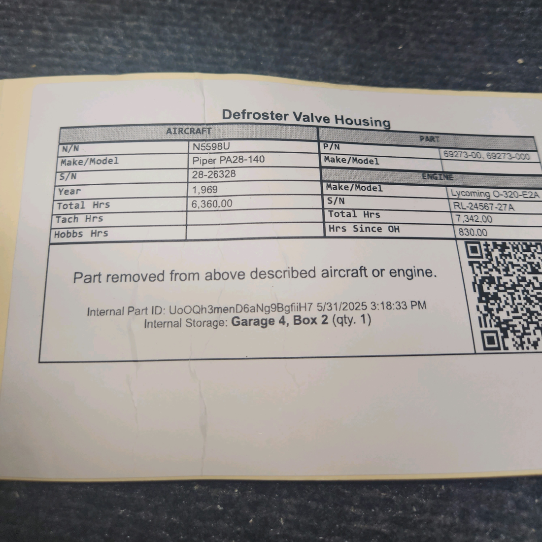 Used aircraft parts for sale, 69273-000 Piper PA28-140 Defroster Valve Housing