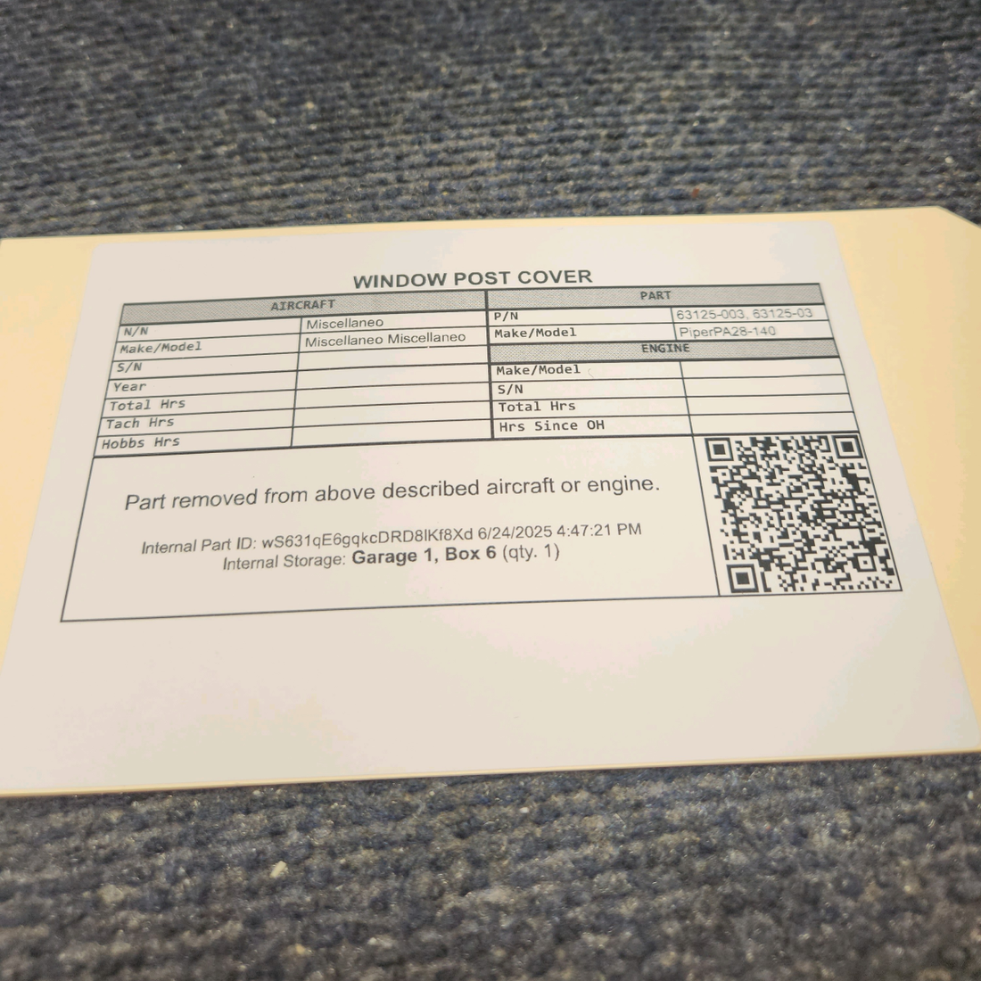 Used aircraft parts for sale, 63125-003 Piper PA28-140 WINDOW POST COVER