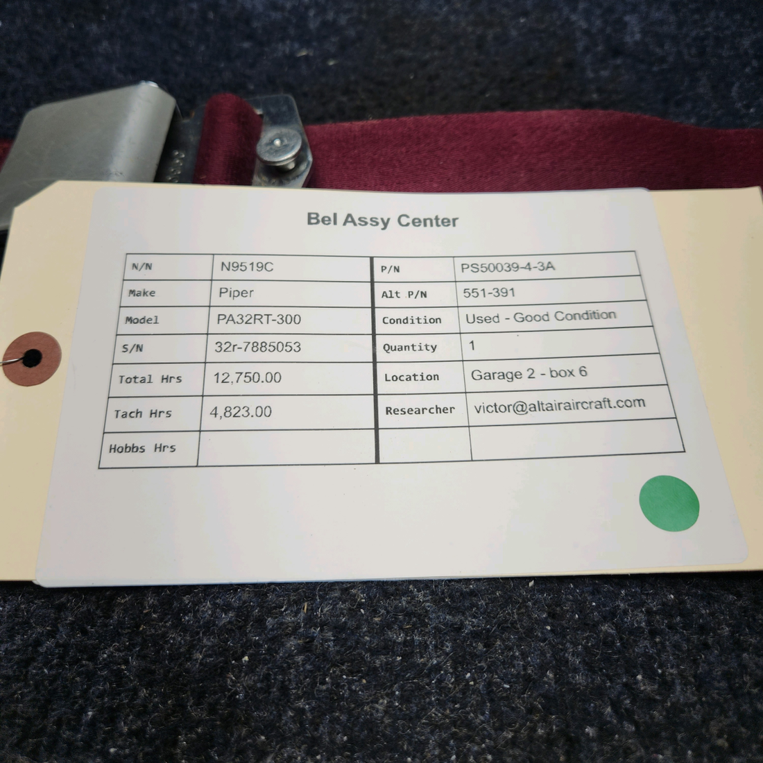 Used aircraft parts for sale, PS50039-4-3A Piper PA32RT-300 SEAT BELT ASSY CENTER