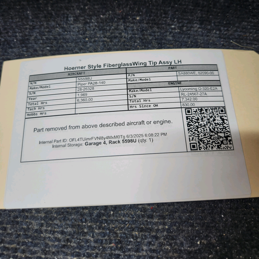 Used aircraft parts for sale, SA880WE Piper PA28-140 Hoerner Style FiberglassWing Tip Assy LH