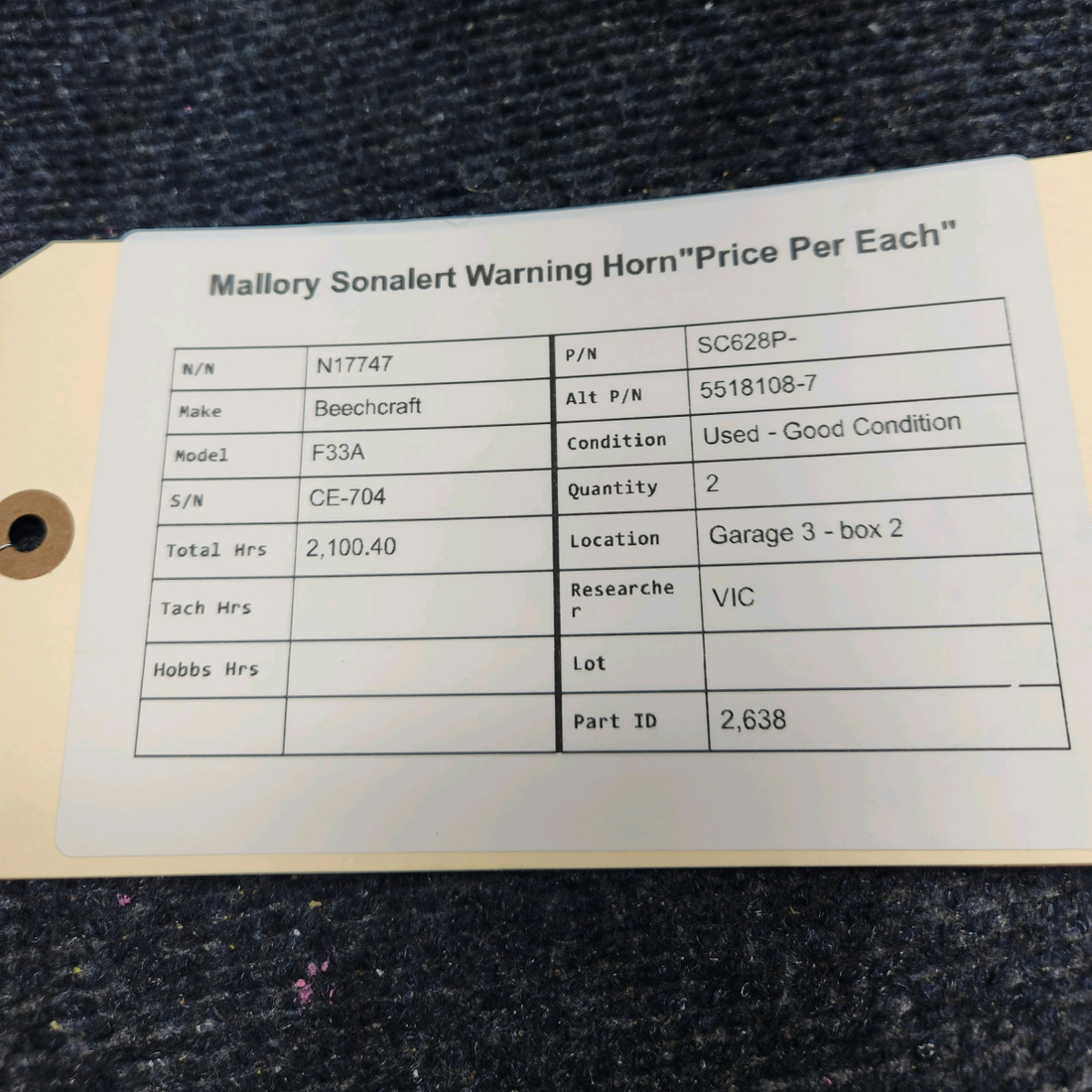 Used aircraft parts for sale, SC628P- Beechcraft F33A MALLORY SONALERT WARNING HORN"PRICE PER EACH"