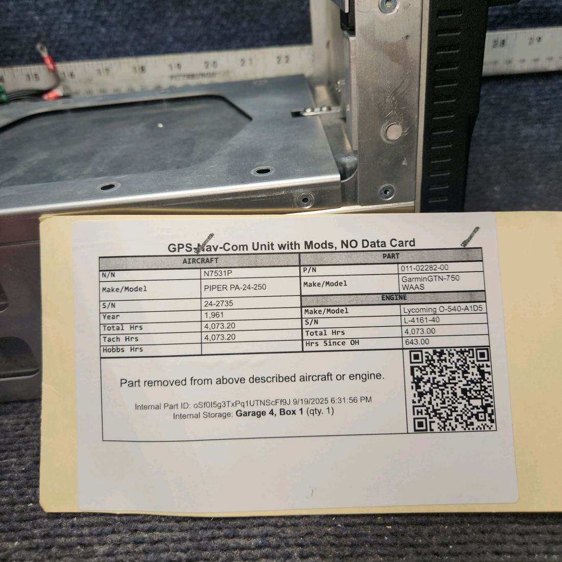 Used aircraft parts for sale, 011-02282-00 Garmin GTN-750 WAAS PIPER PA-24-250 GPS-Nav-Com Unit with Mods, NO Data Card