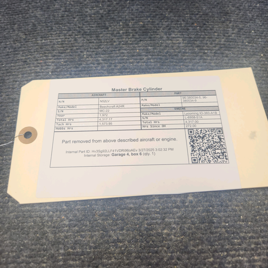 Used aircraft parts for sale, 96-380034-5 Beechcraft A24R Master Brake Cylinder