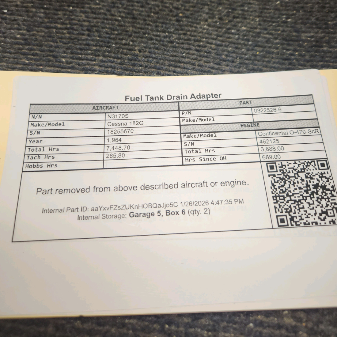 Used aircraft parts for sale, 0322526-6 Cessna 182G Fuel Tank Drain Adapter