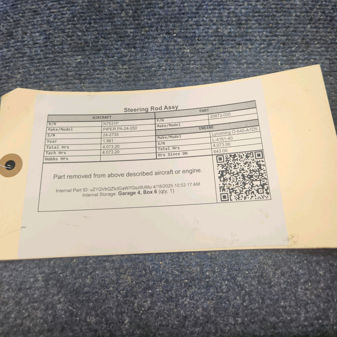 Used aircraft parts for sale, 20873-000 PIPER PA-24-250 Steering Rod Assy