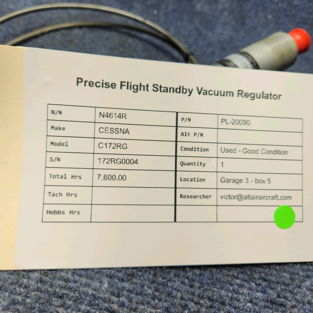 Used aircraft parts for sale, PL-20090 CESSNA C172RG PRECISE FLIGHT STANDBY VACUUM REGULATOR