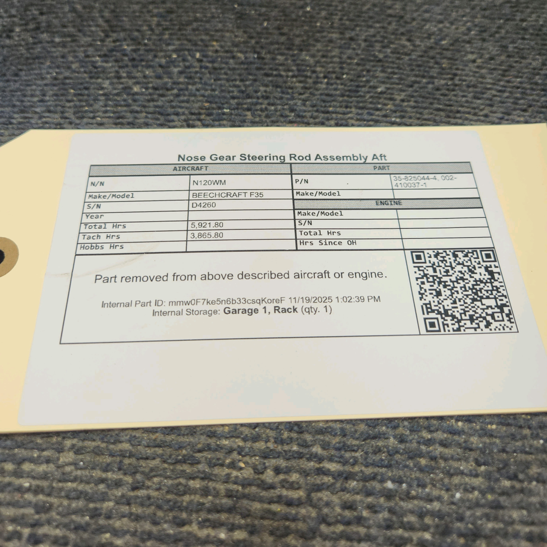 Used aircraft parts for sale, 35-825044-4 Beechcraft F35 Nose Gear Steering Rod Assembly Aft