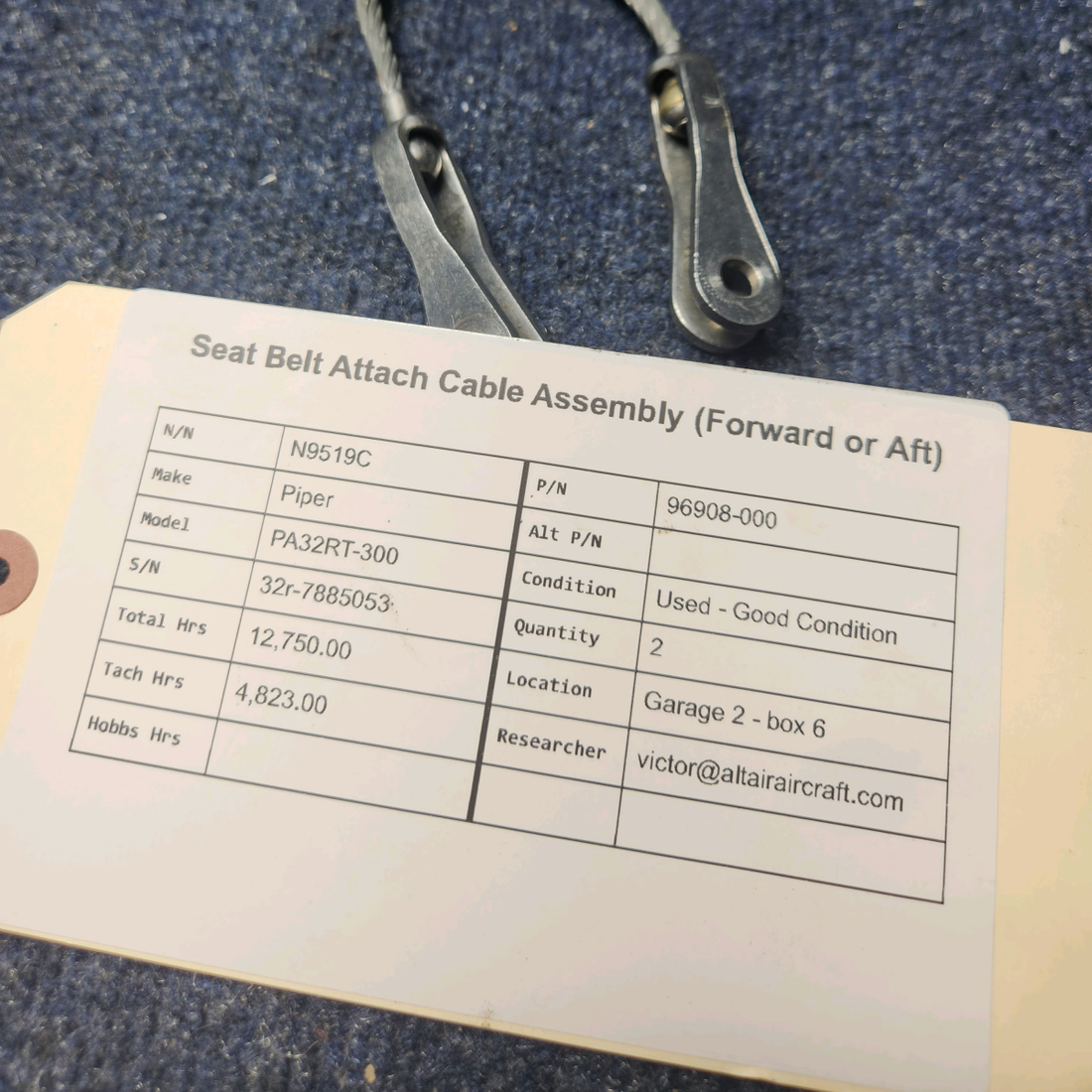 Used aircraft parts for sale, 96908-000 Piper PA32RT-300 SEAT BELT ATTACH CABLE ASSEMBLY (FORWARD OR AFT) PRICE PER EACH