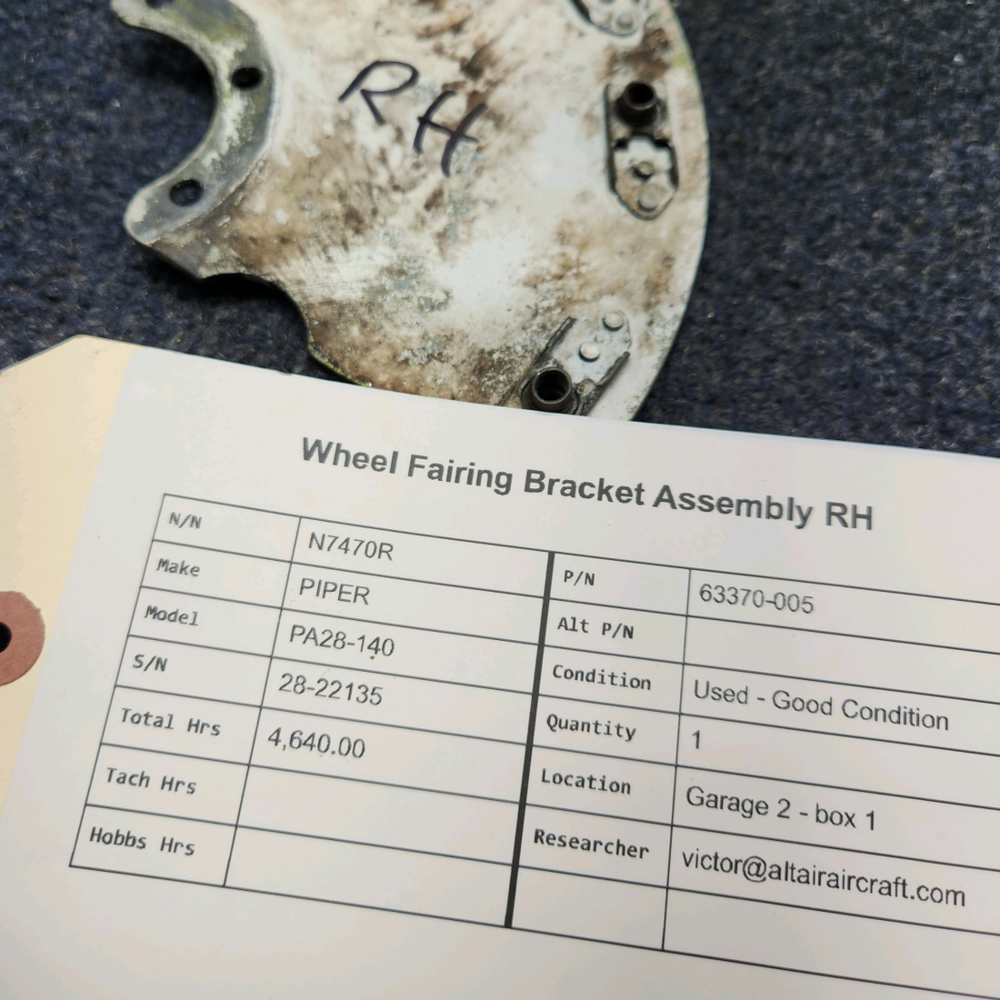 Used aircraft parts for sale, 63370-004 PIPER PA28-140 WHEEL FAIRING BRACKET ASSEMBLY RH