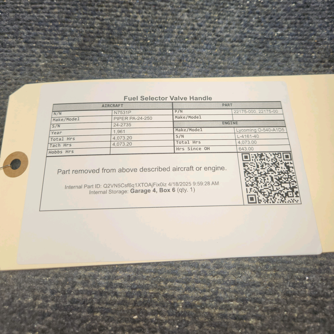 Used aircraft parts for sale, 22175-000 PIPER PA-24-250 Fuel Selector Valve Handle