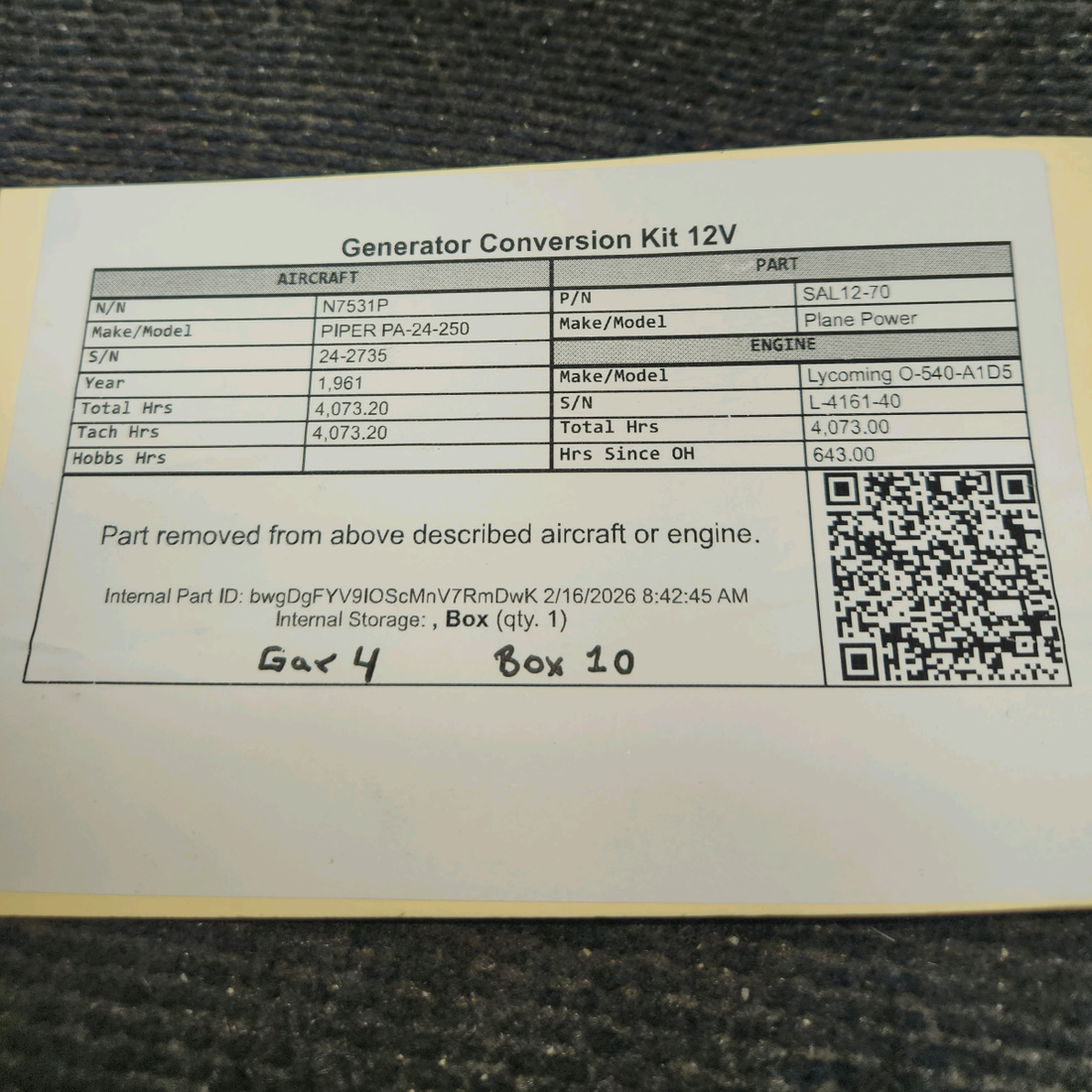 Used aircraft parts for sale, SAL12-70 Plane Power PIPER PA-24-250 Generator Conversion Kit 12V