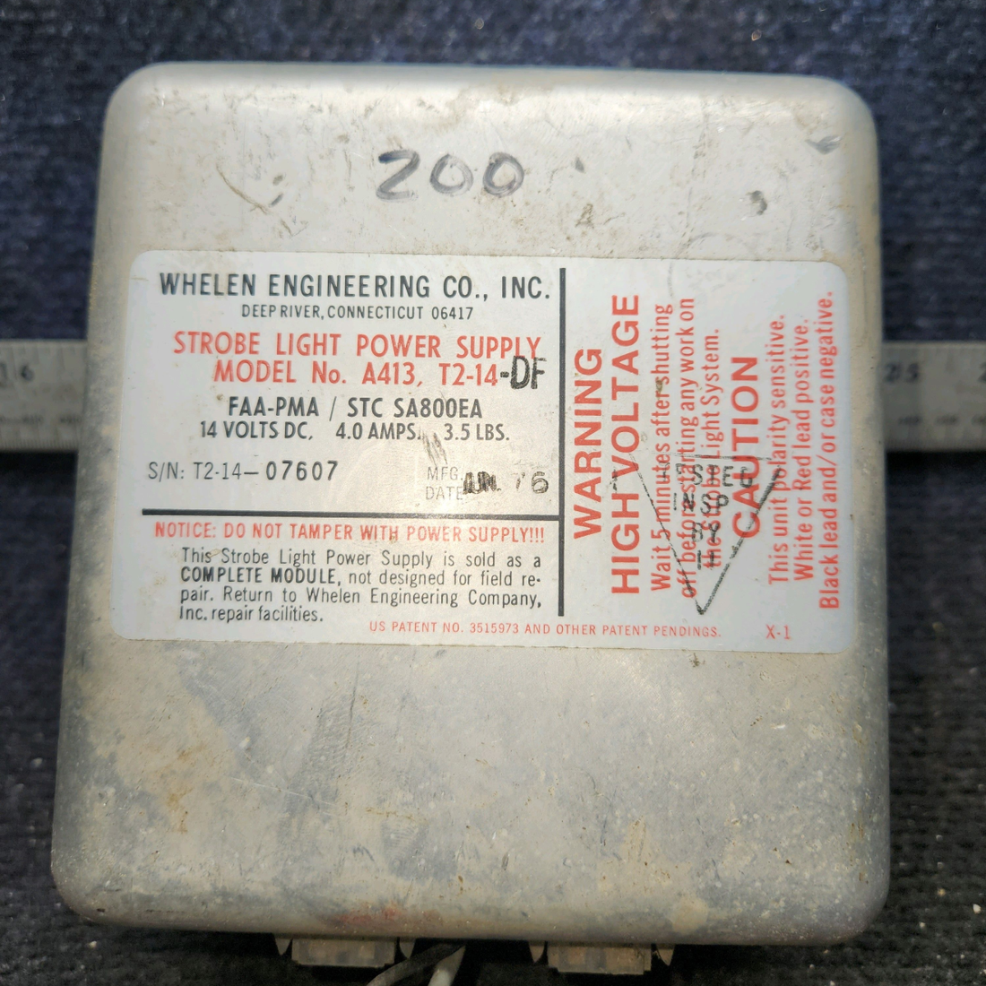 Used aircraft parts for sale, A413T2-14DF Whelen A413, T2-14-DF Strobe Light Power Supply 12V