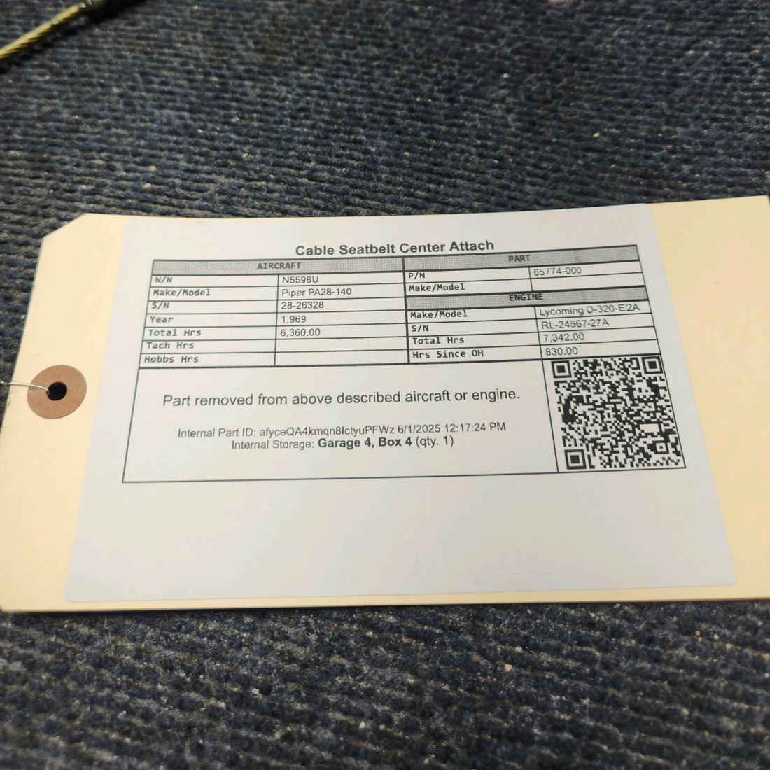 Used aircraft parts for sale, 65774-000 Piper PA28-140 Cable Seatbelt Center Attach