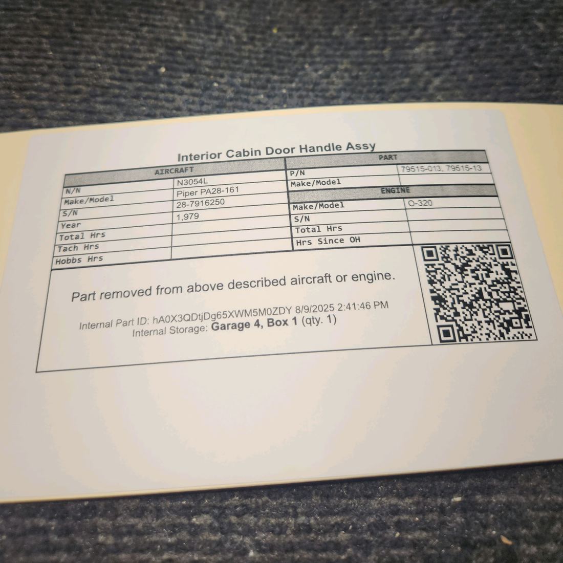 Used aircraft parts for sale, 79515-013 Piper PA28-161 Interior Cabin Door Handle Assy