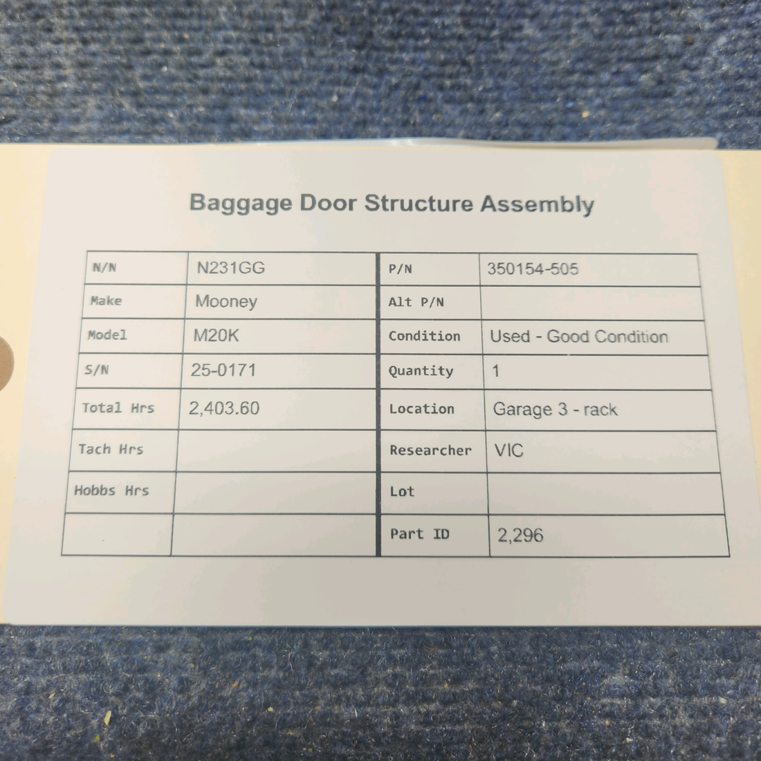 Used aircraft parts for sale, 350154-505 Mooney M20K BAGGAGE DOOR STRUCTURE ASSEMBLY