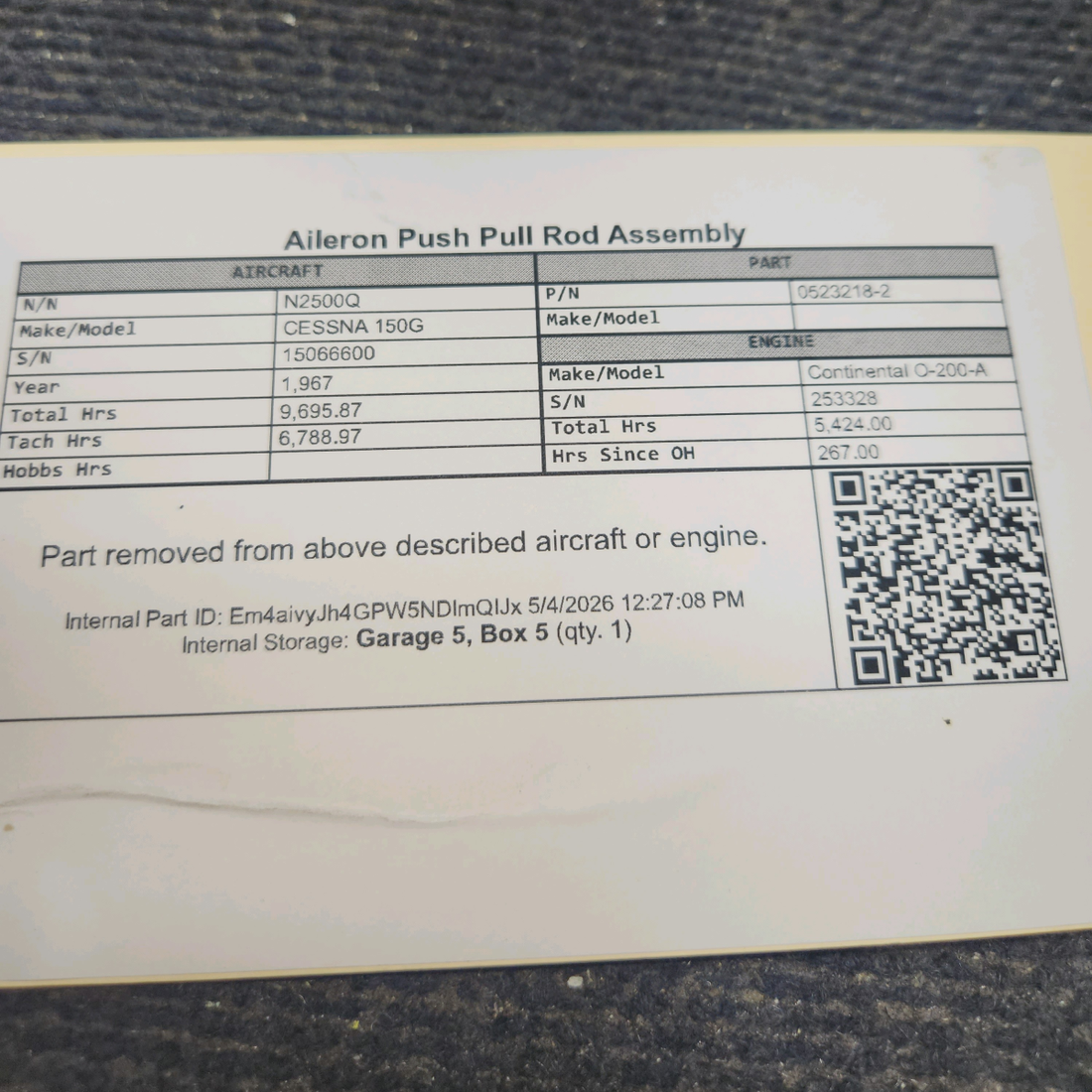 Used aircraft parts for sale, 0523218-2 cessna 150G Aileron Push-Pull Rod Assembly