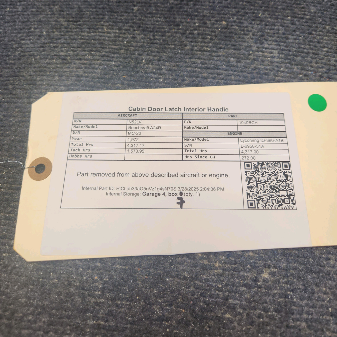 Used aircraft parts for sale, 1040BCH Beechcraft A24R Cabin Door Latch Interior Handle