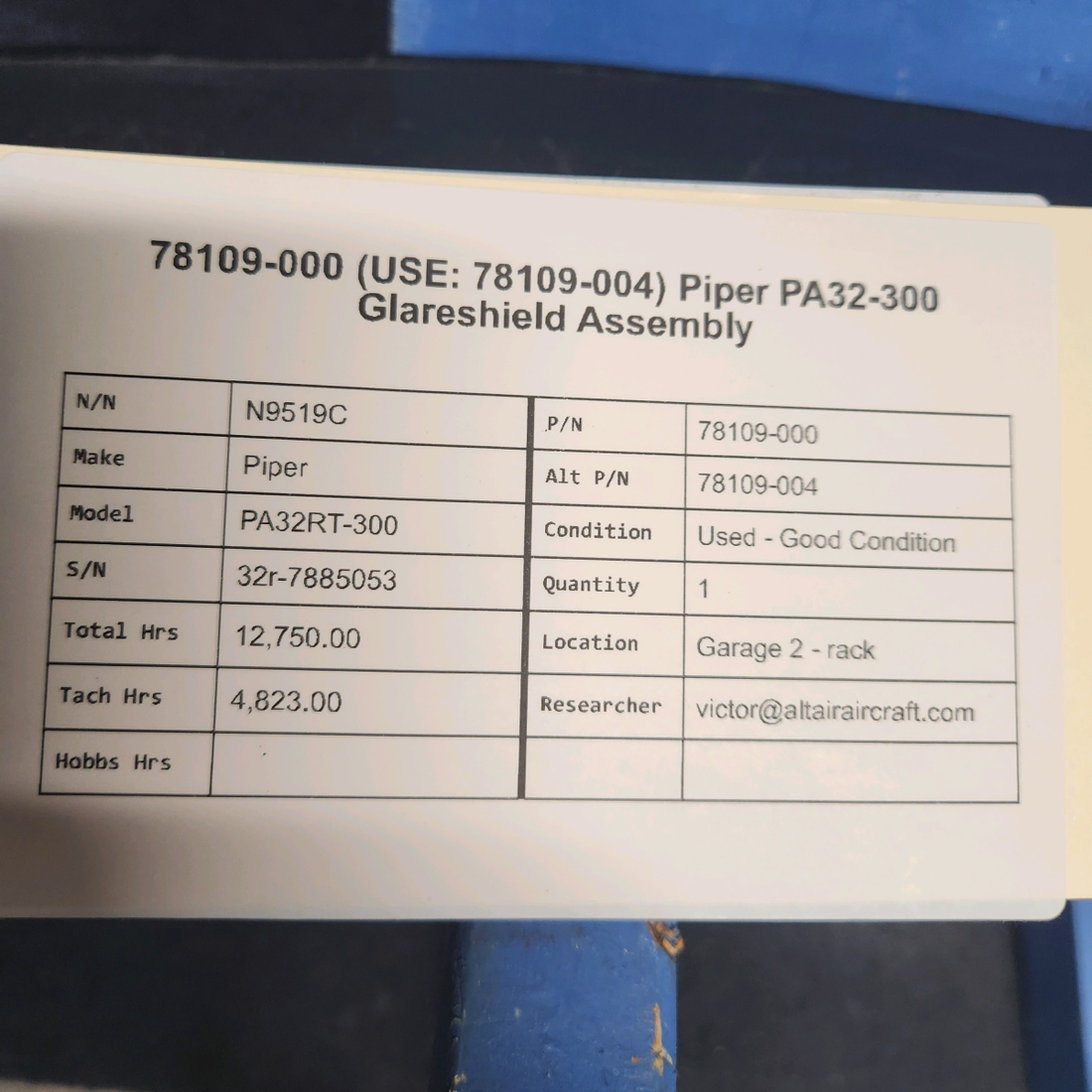 Used aircraft parts for sale, 78109-000 Piper PA32RT-300 GLARESHIELD ASSEMBLY