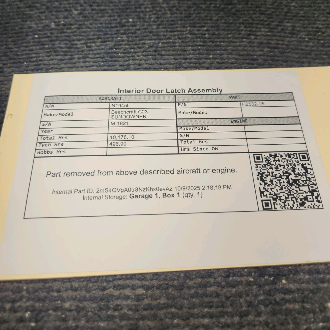 Used aircraft parts for sale, H2532-15 Beechcraft C23 SUNDOWNER Interior Door Latch Assembly