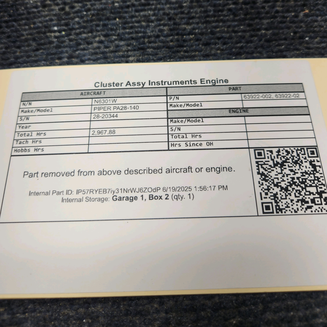 Used aircraft parts for sale, 63922-002 PIPER PA28-140 Cluster Assy - Instruments Engine