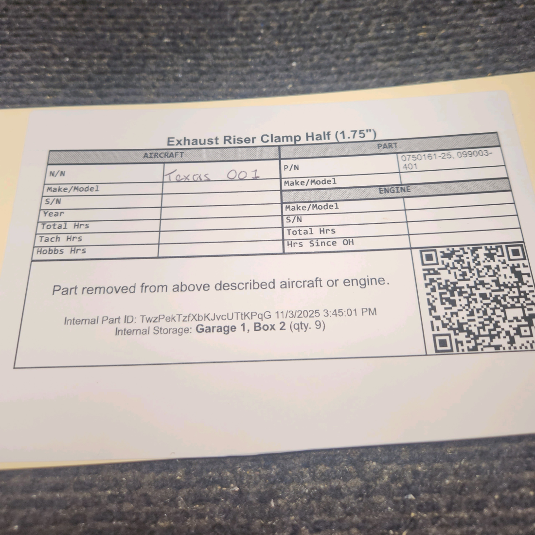 Used aircraft parts for sale, 0750161-25 Exhaust Riser Clamp Half (1.75")