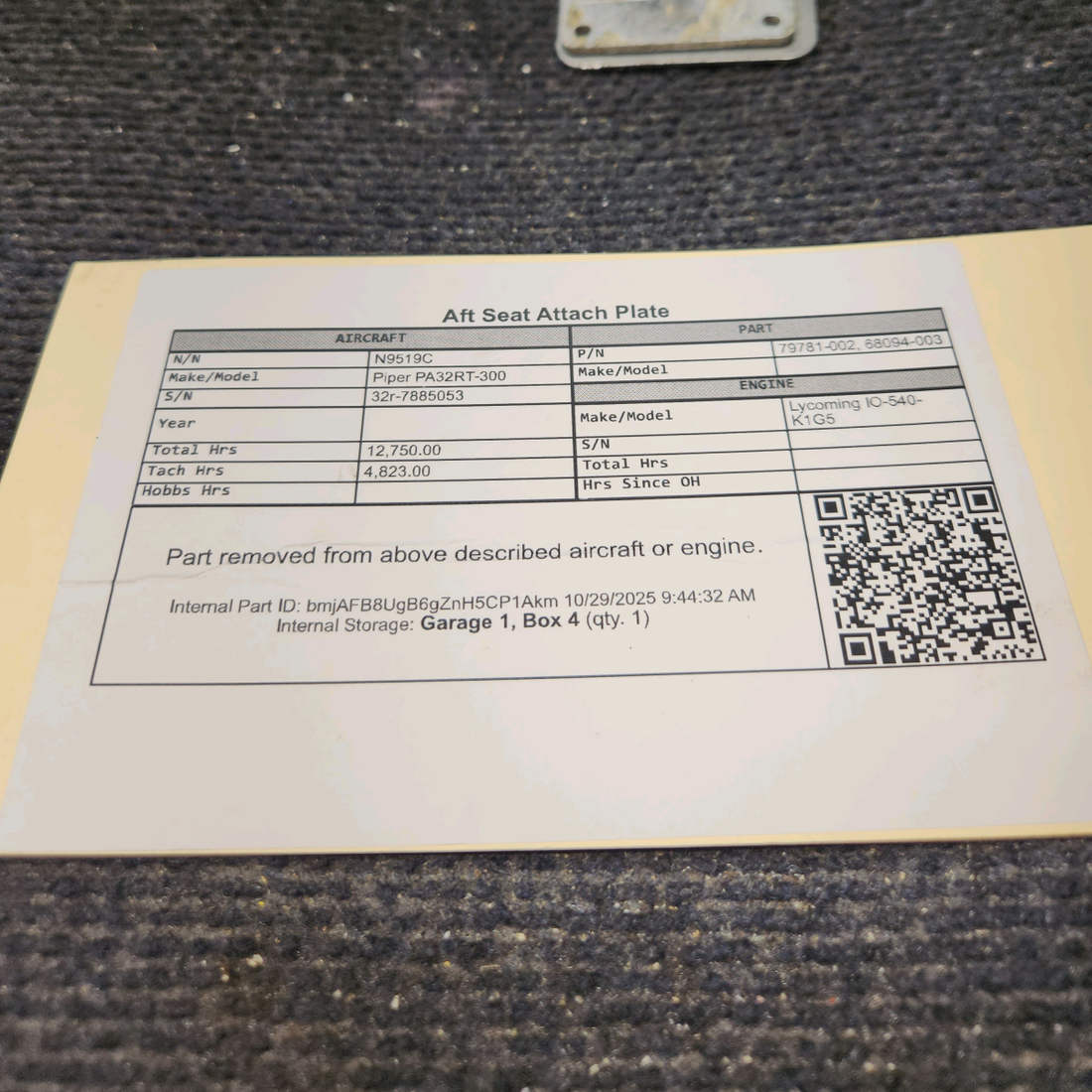 Used aircraft parts for sale, 79781-002 Piper PA32RT-300 Aft Seat Attach Plate