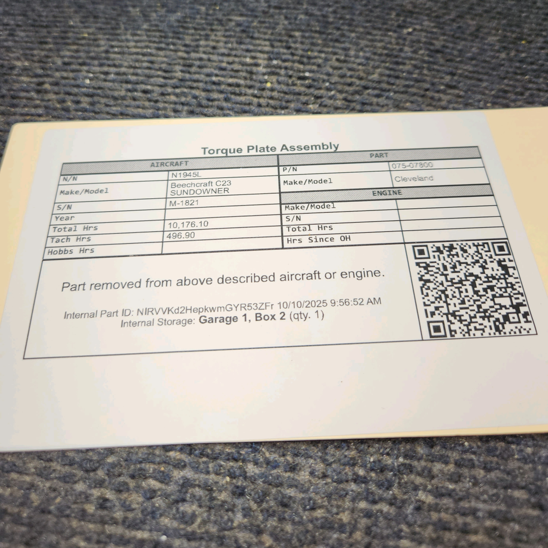 Used aircraft parts for sale, 075-07800 Cleveland Beechcraft C23 SUNDOWNER Torque Plate Assembly