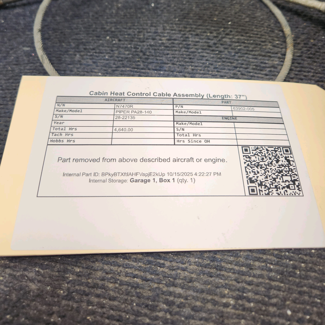 Used aircraft parts for sale, 63902-005 PIPER PA28-140 Cabin Heat Control Cable Assembly (Length: 37")