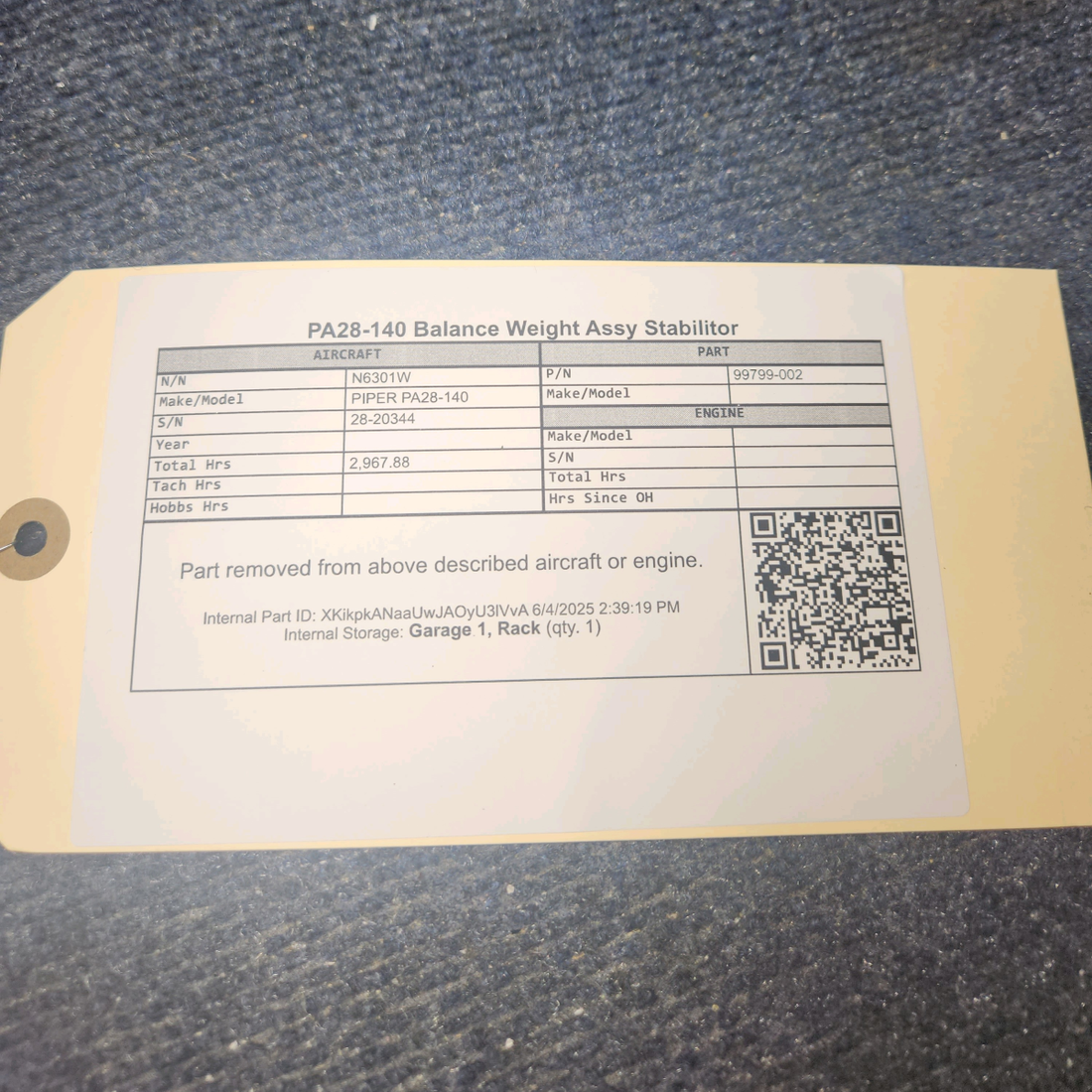 Used aircraft parts for sale, 99799-002 PIPER PA28-140 Balance Weight Assy Stabilator