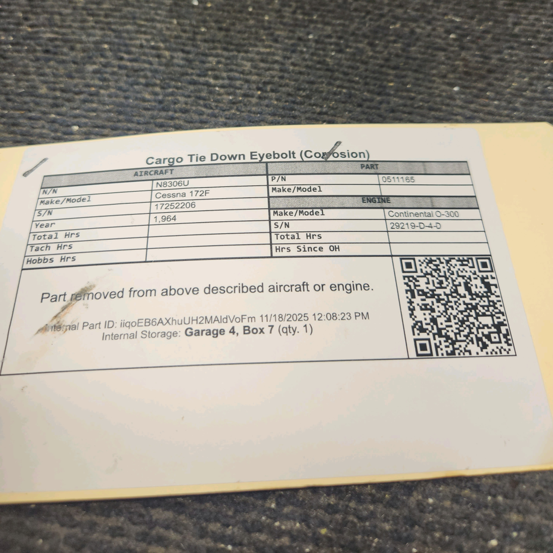 Used aircraft parts for sale, 0511165 Cessna 172F Cargo Tie Down Eyebolt (Corrosion)
