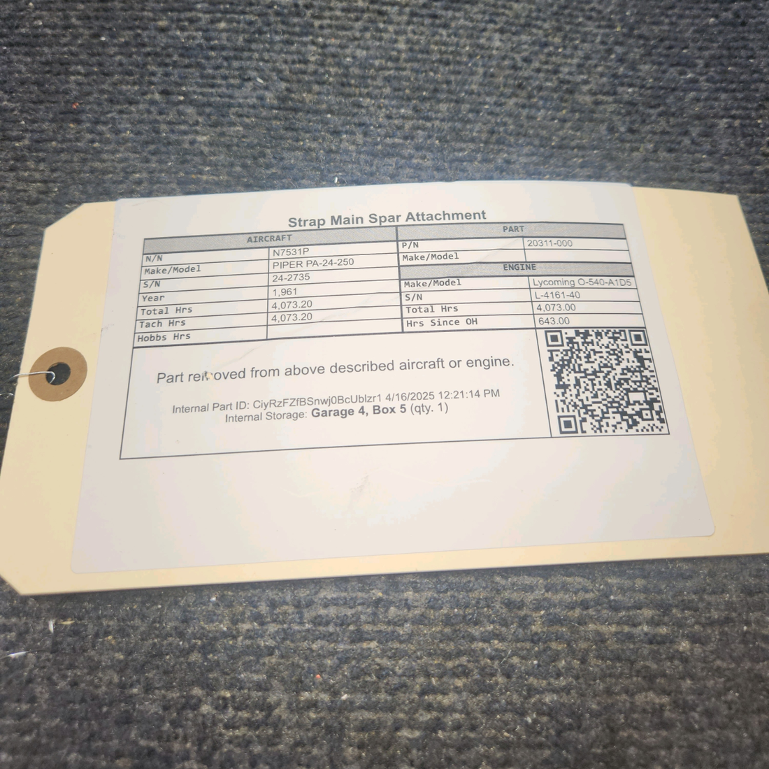 Used aircraft parts for sale, 20311-000 PIPER PA-24-250 Strap Main Spar Attachment