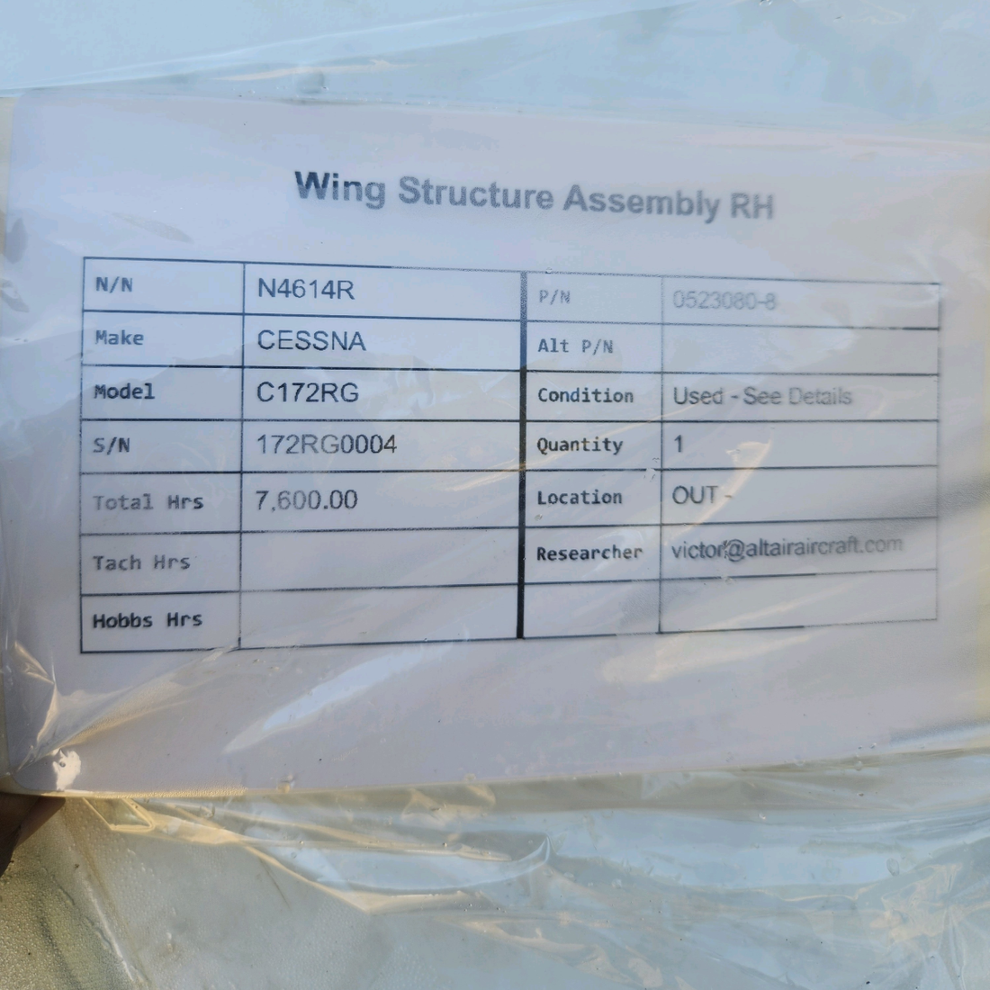 Used aircraft parts for sale, 0523080-8 CESSNA C172RG WING STRUCTURE ASSEMBLY RH