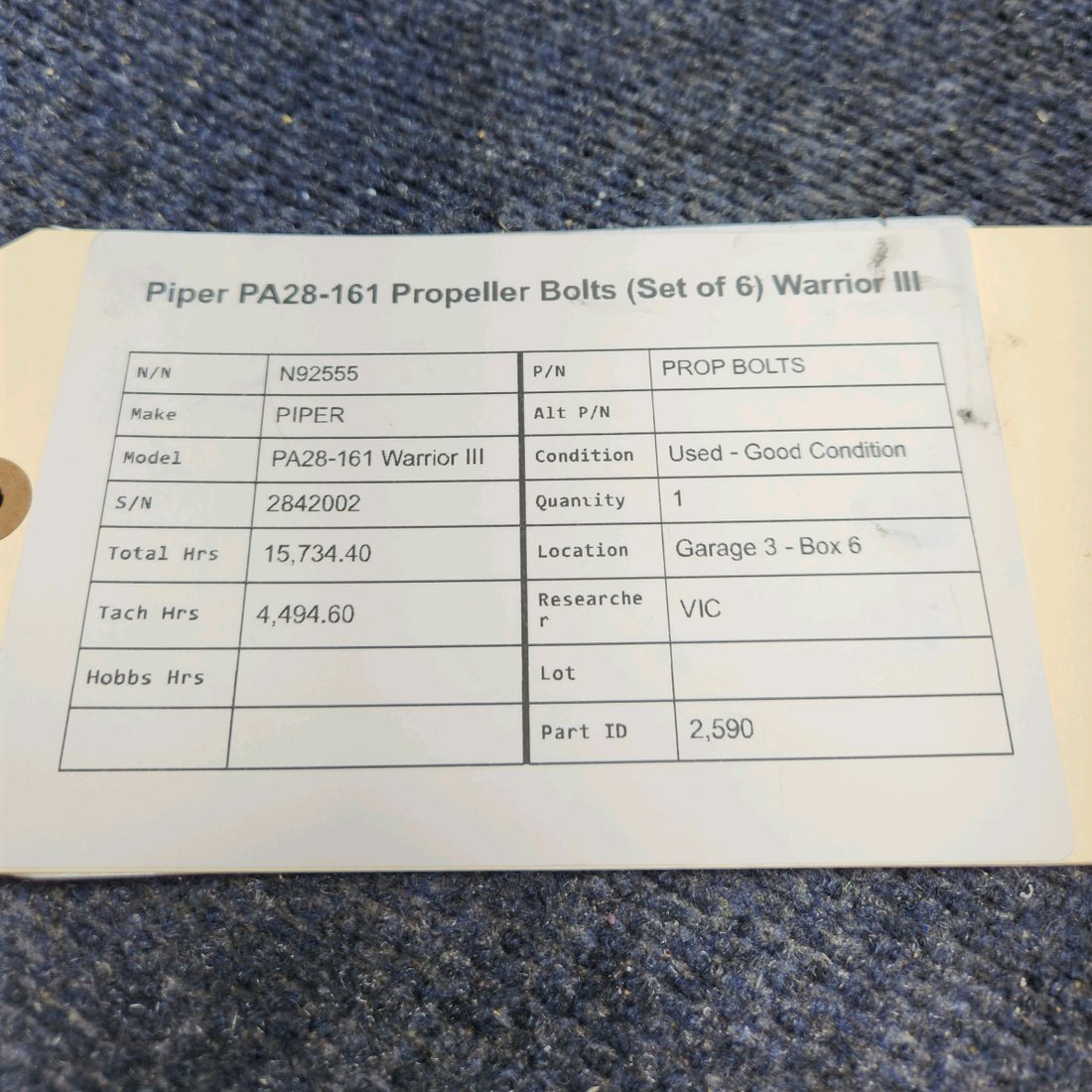 Used aircraft parts for sale, PROP BOLTS PIPER PA28-161 Warrior III PROPELLER BOLTS (SET OF 6) WARRIOR III