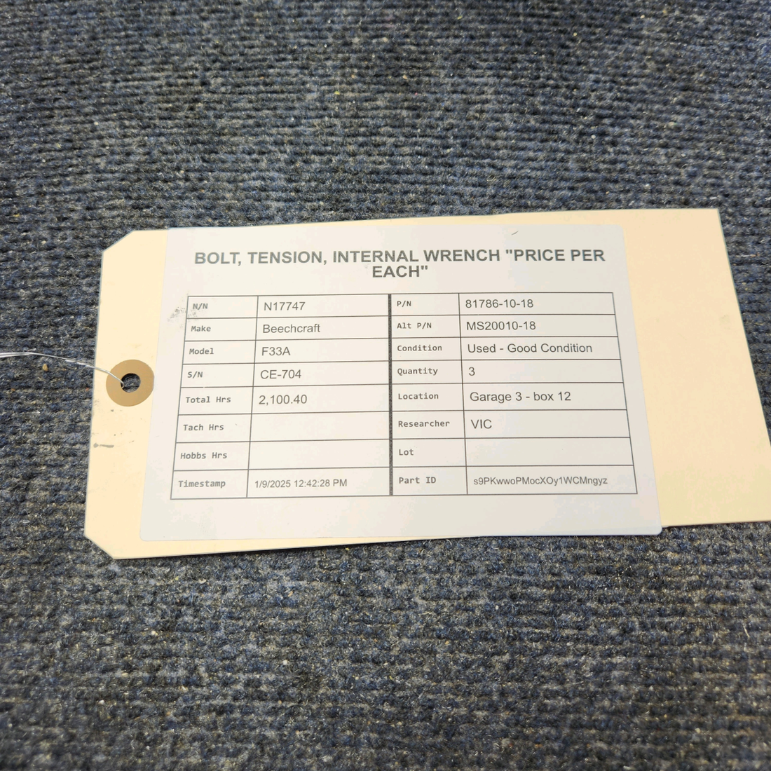 Used aircraft parts for sale, 81786-10-18 Beechcraft F33A BOLT, TENSION, INTERNAL WRENCH "PRICE PER EACH"