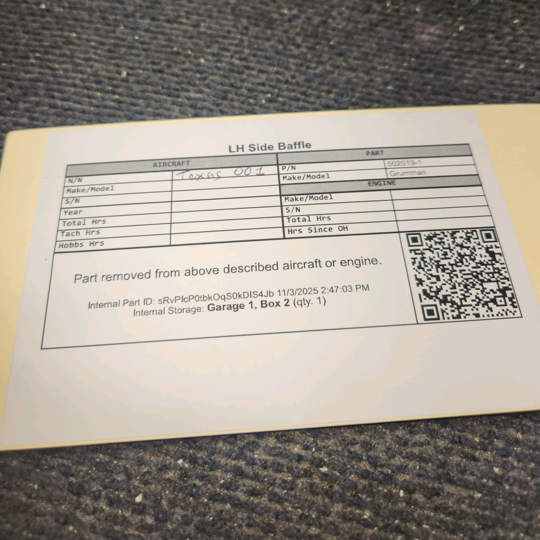 Used aircraft parts for sale, 502019-1 Grumman Side Baffle - LH