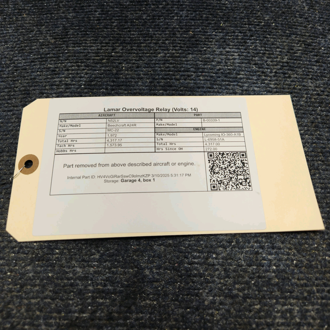 Used aircraft parts for sale, B-00339-1 Lamar Beechcraft A24R Overvoltage Relay (Volts: 14)